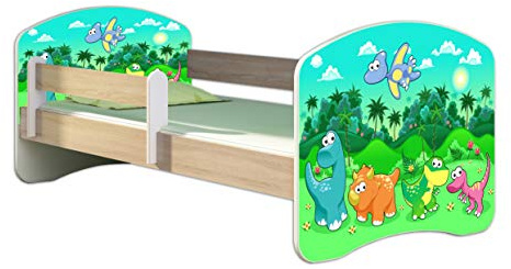 ACMA Kinderbett 160x80 Jugendbett mit Matratze, Farbe Sonoma mit Rausfallschutz Lattenrost II Spielbett Kinderzimmer Möbel, 30 Dino