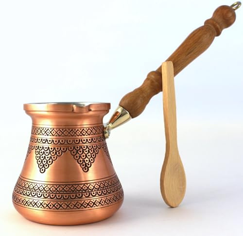 DEDE Copper - PCZ Series (Large-14fl.oz) - Thickest Solid Copper Engraved/Hammered Turkish Greek Arabic Coffee Pot with Wooden Handle, Stovetop Coffee Maker Cezve, Jezve, Jazva, Ibrik, Briki (Matte)