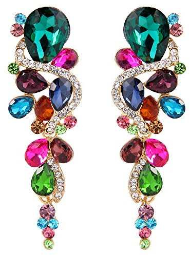 Clearine Boucles d'Oreilles Pendentif Femme Cluster Goutte d'Eau Bohême Bijou Mariage Cadeau Cristal Strass Multicolore Ton d'or