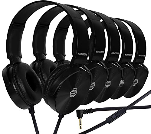 Sonitum Premium Classroom Headphone & Mic Set 3.5mm Jack Stereo Sound Earphones with Microphone & Soft Swivel On Ear Pads- Perfect for E-Learning, Meetings, Calls - Bulk Pack of 5 (Black)