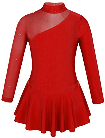 MSemis Vestido Patinaje de Manga Larga para Niña Leotardos de Danza Maillot con Falda Gimnasia Rítmica con Pedrería Brillante Disfraz de Bailarina 4-16 Años A Rojo 12 años