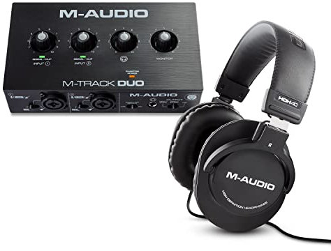 Audio Interface & Headphones - M-Audio M-Track Duo USB Audio Interface for Recording, Streaming and Podcasting & HDH40 Over Ear Studio Headphones
