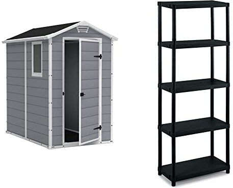 Keter Manor 4X6 Casetta da giardino, In Resina, Grigio & Terry, Scaffale 3060 S-5, Scaffale Modulare a 5 Ripiani, da Interno Esterno. Materiale: Plastica, Dimensioni: 60x30x174 cm