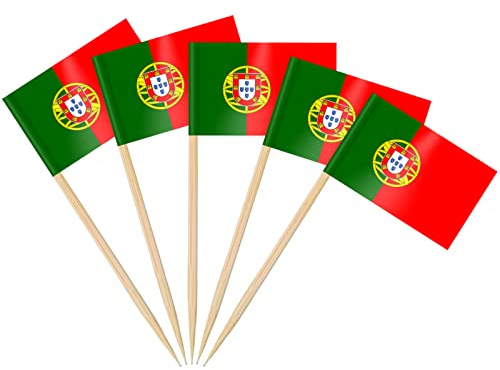 AhfuLife Palillos con Banderas de Portugal, 100 Piezas Banderas de Palillos de Dientes de Portugal para Decoraciones de Eurocopa, Cóctel, Sándwiches, Pastelería, Pastel, Frutas, Fiesta, Cupcakes