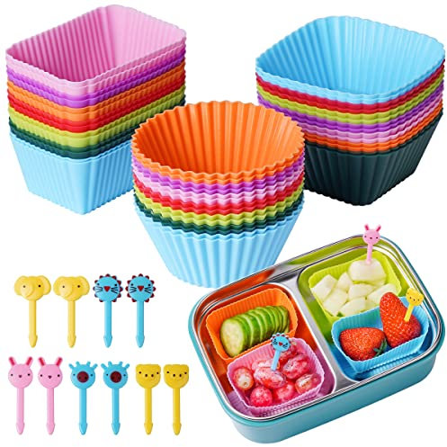 Silicone Lunch Bento Box, 52 Pack Bento Lunch Box Bundle Dividers with Food Picks Lunch Accessories, Durable, Reusable, BPA-Free, Freezer and Dishwasher Safe