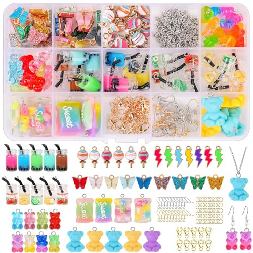 Jodimitty 180 Stück Charms Anhänger Set Schmuck Selber Machen Set Bubble Tea Anhänger Bär Sweet Süßigkeiten Schmetterling Charms Halsketten Schlüsselanhänger Coole Sachen für Teenager Mädchen