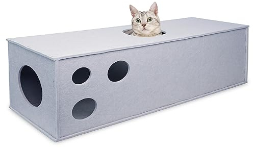 PETKARAY Cat Tunnel, Original Cat Hideaway Cave for Indoor Cats, Large Kitten Play Tubes and Tunnels, Soft Felt Cat Toy with Interactive Peek Hole， Grey Straight