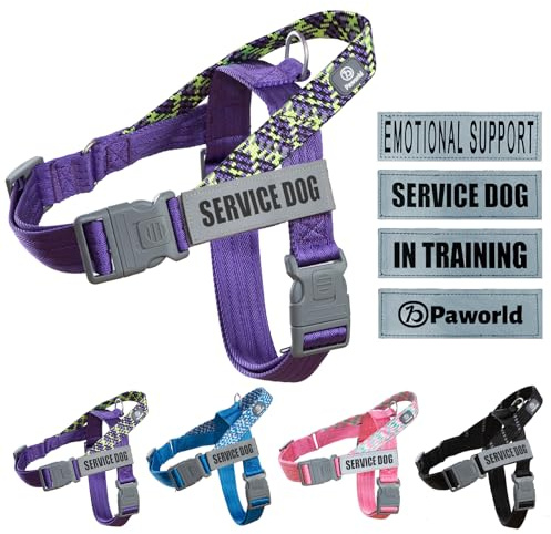 Paworld Hundegeschirr, Diensthundegeschirr, Norwegergeschirr Hund, Sicherheitsgeschirr mit 4 reflektierenden Aufnähern, Verstellbar, Griff, für Spaziergänge, Training und Laufen (Lila, M)