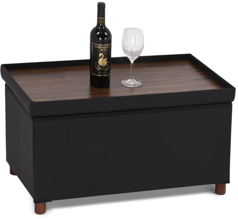 Dorriss Ottoman Storage Bench with Tray - Bedroom Foot Stool & Coffee Table Lid - Black Leather, 30 Inch