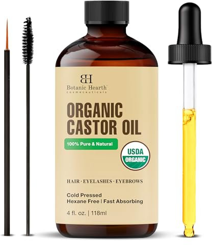 Botanic Hearth Rizinusöl (Castor Oil) | USDA-zertifiziertes Bio | 100% rein und hexanfrei | Kaltgepresst | Wachstum für Wimpern, Augenbrauen, Haare | Mit Augenbrauen- und Wimpernbürste | 4fl oz
