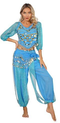 iiniim Damen Bauchtanz Kostüm Langarm Tops + Haremhose Orientalische Indische Bauchtänzerin Tanzkleidung Halloween Fasching Karneval Party Outfits Himmelblau Einheitsgröße