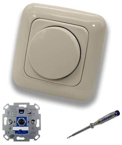 REV Ritter LED Drehdimmer LED Dimmer mit Busch Jäger Dimmerscheibe Zentralplatte 2115-212 Einfachrahmen in DURO2000 cremeweiß glänzend inklusive EBROM Phasenprüfer zur Montage des Dimmers ET1 66012B