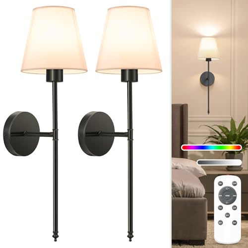 NIORSUN Battery Operated Wall Sconce Set of 2,Black Rechargeable Wall Lights with 5200mAh Dimmable Bulbs and Remote,10 Colors Wireless Wall Lamps for Bedroom Living Room Hallway Decor