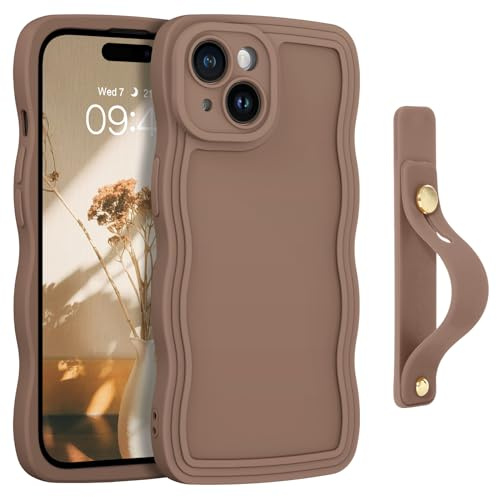 GUAGUA for iPhone 15 Case with Wrist Strap, iPhone 15 Wavy Phone Case,Cute Curly Wave Shape with Adjustable Wristband Kickstand Shockproof Protective Phone Case for iPhone 15 6.1 Inch, Brown
