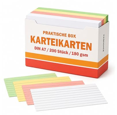 Fasonak Karteikartenbox A7 mit 200 Karteikarten Liniert Bunt | Dickes 180 g/m² Papier, 4 Farben, beidseitig beschreibbar – Lernkarten für Schule, Studium und Büro