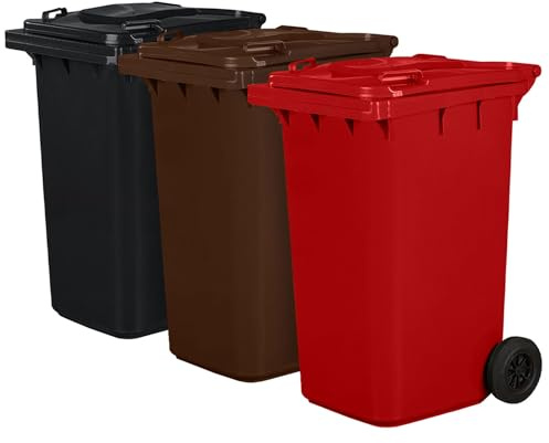 Juego de 3 cubos de basura para basura PN-EN 840, de 240 litros, con ruedas, sistema de enganche para extracción mecánica, de plástico, negro, marrón, rojo