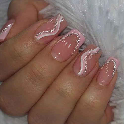 RYMAUP® 24 Stück rosa French-Tip-Nägel zum Aufdrücken, mittelgroße quadratische künstliche Nägel, rosa, weiß, wellig, silberfarbener Glitzer, Kleber auf den Nägeln, glänzende rosa Spitze