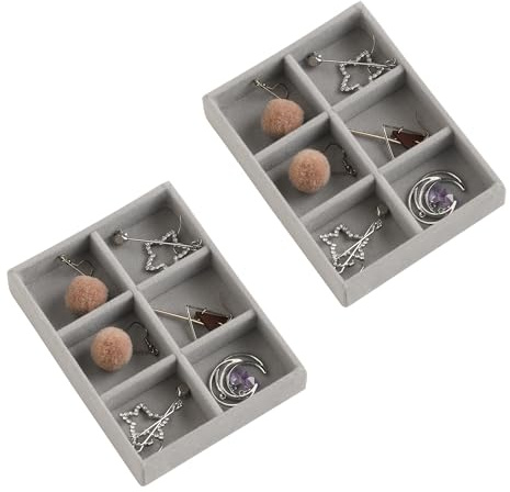 Frebeauty Kleines Schmucktablett, stapelbares Samt-Schmuck-Organizer-Tablett, Mini-Schmuck-Schubladen-Organizer, Schubladeneinsätze, 12 x 9,5 x 2,3 cm, 6 Fächer, Ohrring-Organizer für Damen (Set 2,