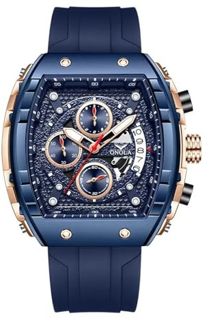 FORSINING Herren-Armbanduhr, analog, Quarz, modische Farbe, Silikonband, rechteckig, großes Zifferblatt, wasserdicht, lässig, Sport, Kalender, Datum, blau, Armband