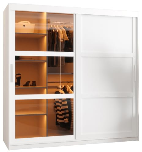 MEBLE KRYSPOL Dome 3 Schrank mit Zwei Schiebetüren, Stangen und Regalen - Aufbewahrungsschrank mit Rauchglas für Schlafzimmer, Wohnzimmer - 200x180x62cm - Weiß, Weiß, Silber