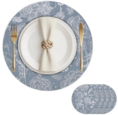 Tischsets 4er Set platzset rund abwaschbar PVC Gold Hitzebeständige 38cm Platzdeckchen Rose Blumen rutschfest Platzteller für Party Hochzeit Restaurant Weihnachtstag Gold Blau