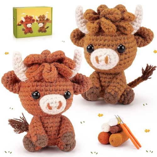 Crochet Kit for Beginners Adults Highland Cow Crochet Animal Kit Knitting Kit with Instructions Highland Cattle Crochet Complete Kit for Beginners, Crochet Starter Kit Crochet Knitting Set