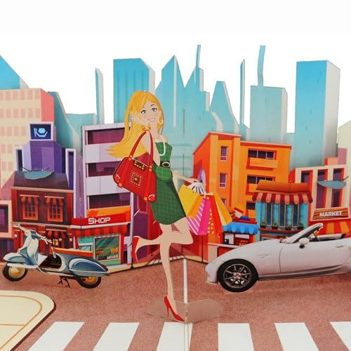Favour Pop Up® - elegante 3D Grusskarte - Shopping Girl, perfekt zum Geburtstag, Urlaub, weitere Anlässe. Auch für Geldgeschenk oder Gutschein. XP934