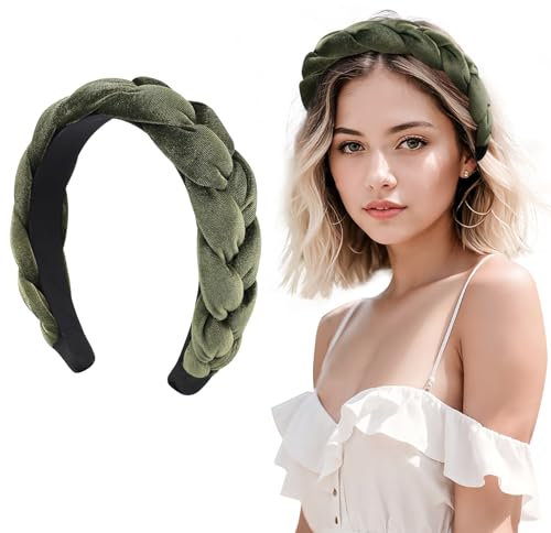 LOPHE Haarreifen Damen, Samt Haarreif Geflochten Stirnband, Haarreif Breit Grün Haarschmuck, Vintage Gepolsterte Haarreifen, Stirnbänder Kopfband für Damen und Mädchen