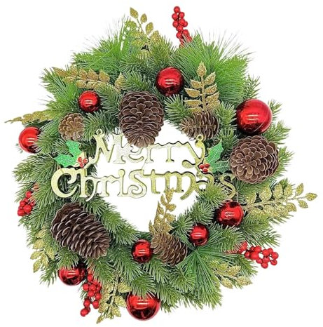 Sunfashion Großer Weihnachtskranz,Kranz Trockenblumen Türkranz Weihnachten Kugeln Wreath Hanger for Front Door Kranz Frühling Türkranz Ganzjährig Außen Willkommen Deko Holz