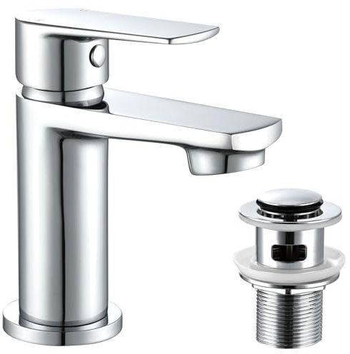 Basin Mixer Tap with Pop Up Waste, Modern Bathroom Sink Taps Mono Single Lever Chrome Brass Basin Taps with Drain