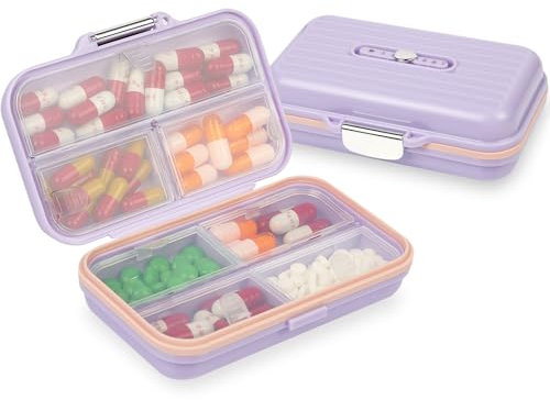 AOGOE Pastillero Caja, Caja de Pastillas con 7 Compartimentos, Pastillero Portátiles de Viaje, Pastillero Diario Bolsillo, Pastillero Semanal para Medicamentos y Vitaminas (L, Púrpura)