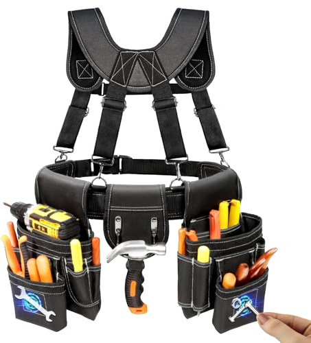 Tool Belt, Professional Tool Belts for Men, Magnetic Tool Pouch with Suspenders, Heavy Duty Detachable Adjustable Utility Belt Work Bags for Electrician, Carpenter (32''-66'' Black)