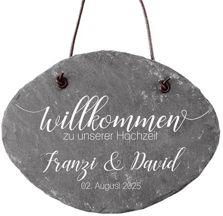 Personalisiertes Hochzeits-Willkommensschild aus Schiefer, 20,5 x 15,5 cm, Oval, mit Lederband (Willkommensschild zur Hochzeit)