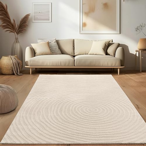 Paco Home Moderner Wohnzimmer Teppich Kurzflor Skandinavisch Japandi Stil Panglao Einfarbig Hoch-Tief-Effekt Abstraktes Muster 3D Effekt weicher Flor Creme - Bogen, Größe:80x150 cm
