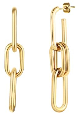 Chain Link Drop Earrings, Gold Toned, Paperclip Design for Women