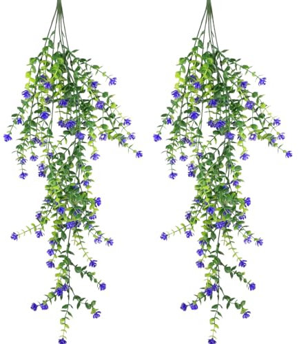 milaosk 2 Pezzi Piante Pendenti Artificiali con Fiori Viola Pianta Finta da Interno e Esterno Sospesa Edera Finta Plastica Decorazione per Giardini Casa Festa Matrimonio