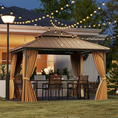 GOPLUS Pergola Jardin Exteieur 3,54 x 2,94 x 2,84 M, Pavillon de Jardin Tout Temps avec Toit Double en Métal Galvanisé Moustiquaire et Rideaux, Gazebo pour Terrasse, Pelouse, Arrière-Cour