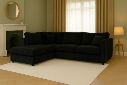 Anglo Left-Hand L Shaped Sofa – Jumbo Cord Corner Sectional Couch with Fixed Cushions, Deep Seats, Washable Covers & Wooden Frame for Living Room