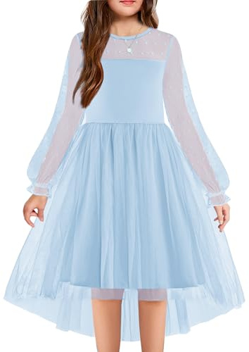 Arshiner Abito per Ragazze Blu A Maniche Lunghe Vestito da Festa in Tulle Asimmetrico per Bambine Matrimonio Abito da Damigella d'Onore Vestito da Ballo 10-12 Anni