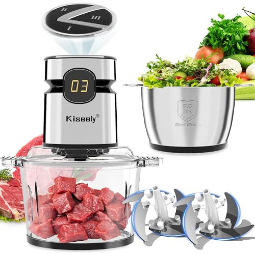 Hachoir électrique 2L avec écran LED, Robot culinaire à 3 vitesses avec 2 bols et 2 jeux de lames à deux niveaux, hachoir à viande et légumes 400W pour viande, légumes, fruits et noix (AE1)