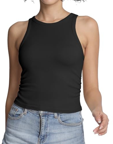 Lemef tanktoppar för kvinnor, ribbada crop-toppar, cami-toppar, höga runda halsringningar, basplagg, västdräkt, ärmlös, träning, yoga, tonåring, sommar, outfit, Svart, L