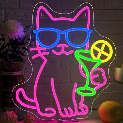 Looklight Cat Drinking Cocktail Neon Schild, Bar Neon Sign zur Wanddekoration, Rosa Leuchtschilder, Dimmbares LED Schild mit USB, Neonschild Geschenk für Party Schlafzimmer Höhle Heimbar Dekoration