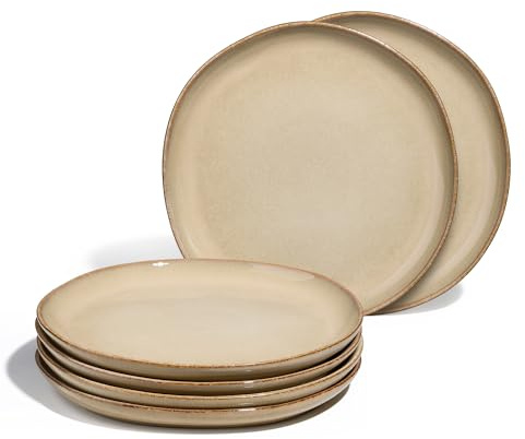 Onader Teller 6er set, 20,8cm Dessertteller Steingut, klein Kuchenteller Porzellan, Unregelmäßig Rund Geschirr Essteller zum Servieren, Anti-Kratzer & Mikrowellenfest – Reaktives Sandfarbenes Khaki