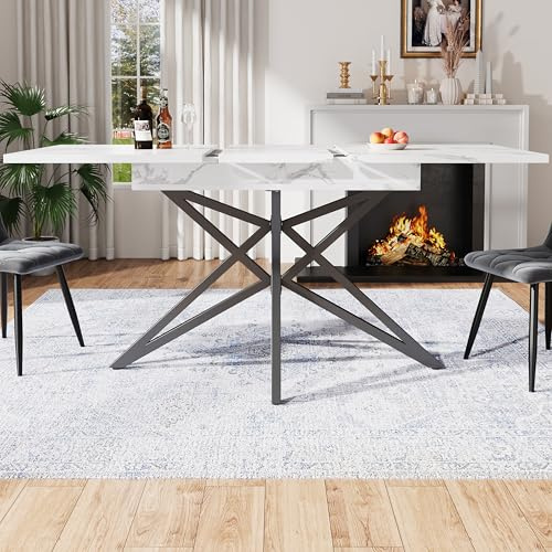 Moimhear Tavolo da pranzo allungabile 120 (160) x 80 x 66,1 cm, tavolo da cucina allungabile, gambe del tavolo a forma di stella, gambe in ferro nero (piastra bianca)
