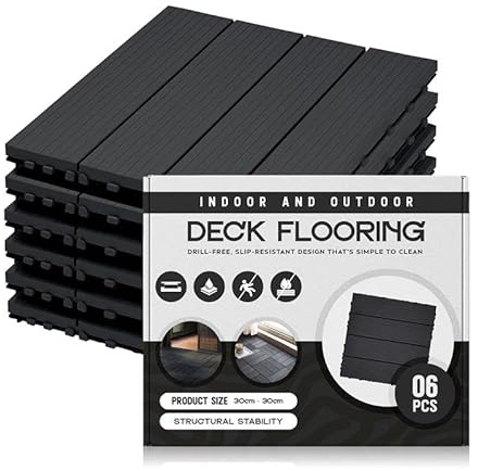 6 Pack Black Foam Panels – 30 x 30 cm Each Interlocking Decking Tiles | Garden Balcony Patio Click Lock-in Flooring Deck | Waterproof | Outdoor Drainage Deck Flooring
