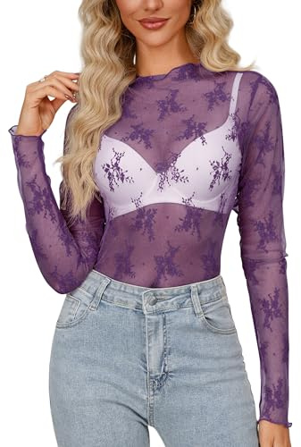 Homlan Maglia Sexy da Donna in Rete a Maniche Lunghe con Collo Alto Trasparente con Motivo Floreale per Clubwear