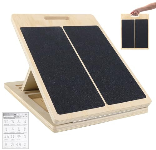 Qcdou Professional Wooden Slant Board for Calf Stretching, Portable Adjustable Calf Stretch Board with Training Poster, Wooden Slant Boards, Leg Stretcher, for Leg, Knees, Heel, Ankle & Stretching