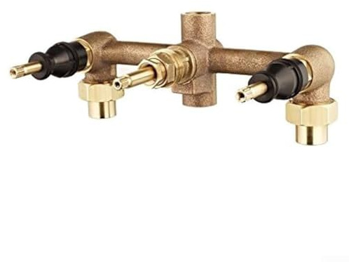 Metal Multi‑Handle Tub and Shower Valve, with 3‑Hole Installation, 12‑Inch Union Inlets and I.P. Outlets, Includes Union Nuts, Yellow