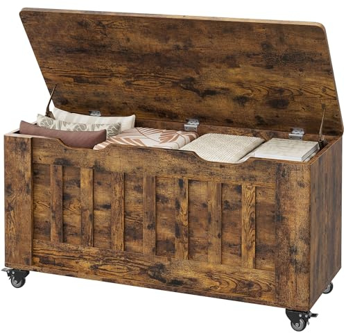 Garvee Grand capacité 160 kg - Banc Coffre de Rangement en Bois avec roulettes, pièces arrondis, 2 charnières de sécurité - Style Rustique rétro pour entrée ou Salon - Idéal pour Chaussures