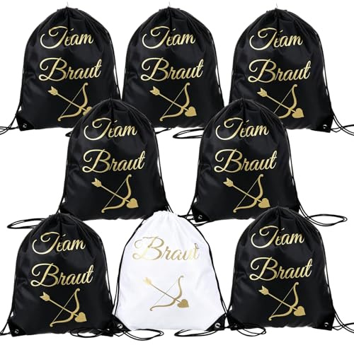 8 Stück JGA Accessoires Frauen Junggesellenabschied Frauen Turnbeutel JGA Deko Bridal Crew Beutel mit Kordelzug Weiß und Schwarz Rucksack 34x43cm für Brautparty Damen Gruppe leicht robust Geschenkidee